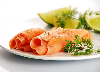 Image showing smoked salmon on white plate 