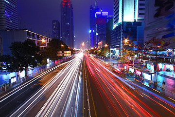 Image showing Traffic through downtown of Shenzhen at night