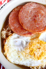 Image showing Hong Kong breakfast - milk, egg and meat instant noodles