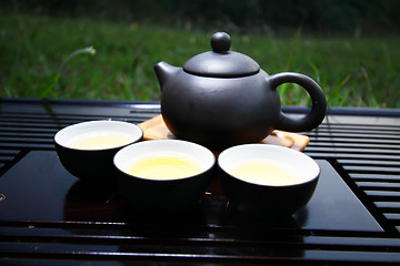 Image showing Chinese tea set on grasses