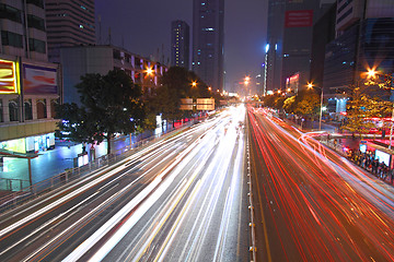 Image showing Traffic through downtown of Shenzhen at night