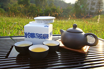 Image showing Chinese tea set under sunlight