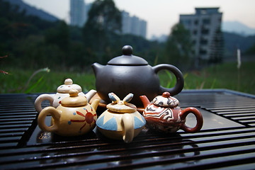 Image showing Chinese tea set on grasses