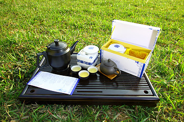 Image showing Asian tea set on grasses