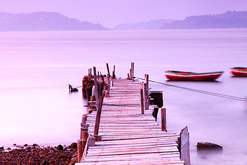 Image showing Sunset at wooden pier