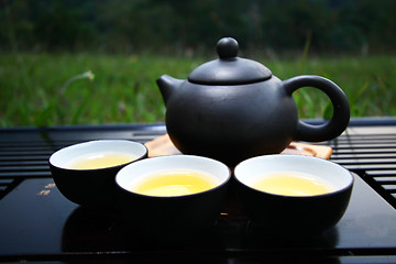 Image showing Chinese tea set on grasses