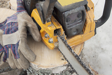 Image showing Firewood and a chainsaw with gloves