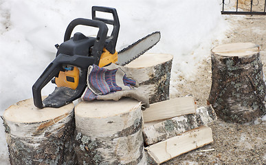 Image showing Firewood and chainsaw