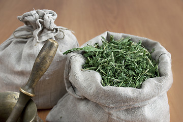 Image showing Dried herbs are stored in linen bags