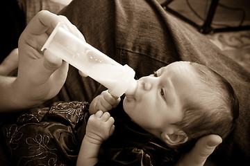 Image showing Newborn Baby Drinking Formula Bottle