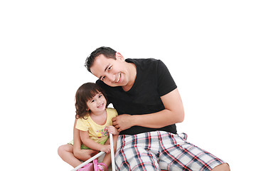 Image showing Father and daughter smiling - isolated over a white background 