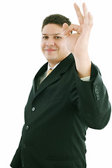 Image showing caucasian man ok hand sign gesture studio portrait on isolated w