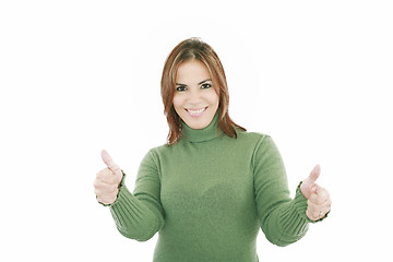 Image showing Woman with thumbs up - isolated over a white background 
