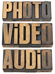 Image showing photo, video, audio words in wood type