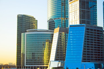 Image showing Business skyscrapers at sunset