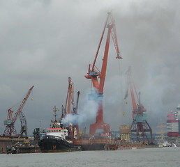 Image showing Gothenburg shipyard, a steaming boat.