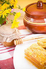 Image showing Still life with honeycombs, flowers and pot 