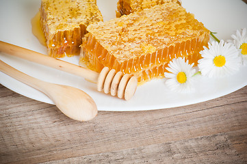 Image showing honeycomb with daisies on white plate 