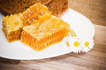 Image showing honeycomb with daisies on white plate 