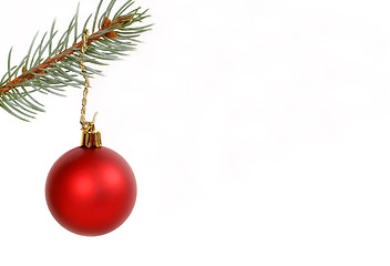 Image showing Round red Christmas ornament hanging from evergreen branch