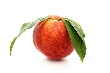 Image showing Ripe peach with green leaves.