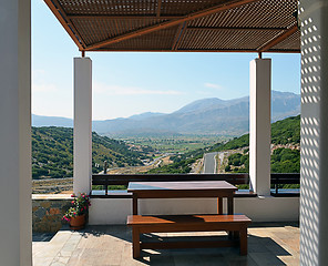 Image showing The outdoor tavern restaurant overlooking the mountains.