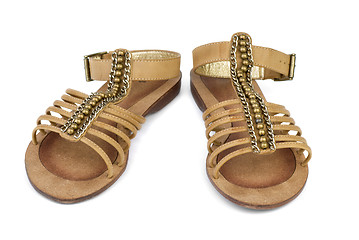 Image showing Pair of brown leather female sandals