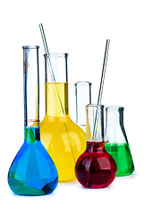 Image showing Five flasks with different chemical agents