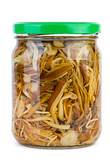 Image showing Glass jar with marinated enokitake mushrooms