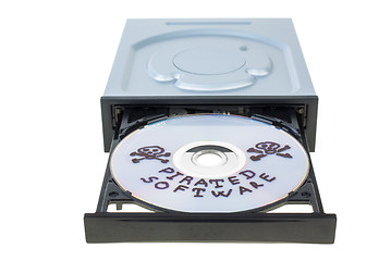 Image showing Optical disk drive with disk, containing pirated software