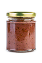 Image showing Glass jar with paste maded from red olives (Calamata)