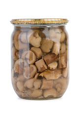 Image showing Glass jar with marinated birch boletuses