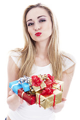 Image showing beautyful happy blond woman with present isolated