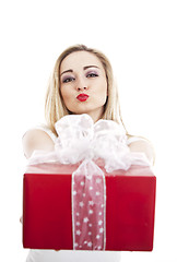 Image showing beautyful happy blond woman with present isolated