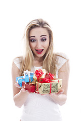 Image showing beautyful happy blond woman with present isolated