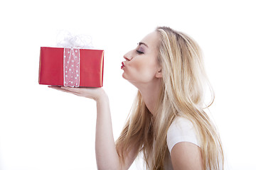 Image showing beautyful happy blond woman with present isolated