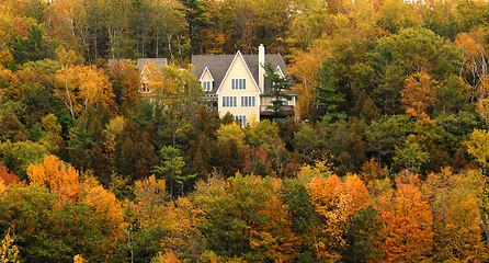 Image showing Elegant home on hillside with autumn foliage