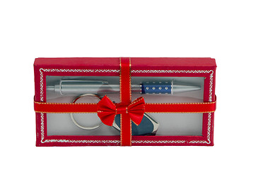 Image showing isolated pen and key ring packed in gift box 