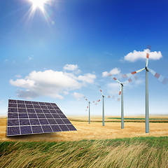 Image showing Wind turbines and solar panels