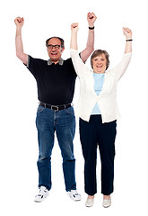 Image showing Excited aged couple posing with raised arms