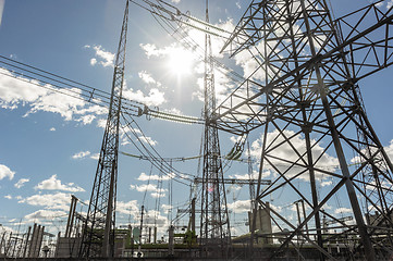 Image showing High voltage electrical  towers against sky