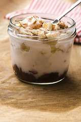 Image showing Sweet dessert in glass jar - strawberry cake