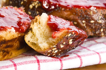 Image showing Sweet bread ( challah ) with strawberry jam