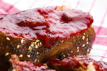 Image showing Sweet bread ( challah ) with strawberry jam