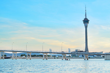 Image showing Macau cityscape of bridge and skyscraper Macao, Asia. 