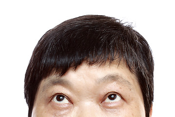 Image showing Close-up of woman looking up. Isolated on white background. 