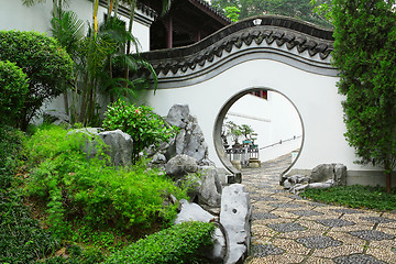 Image showing Circle entrance of Chinese garden in Hong Kong 