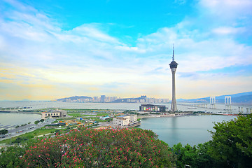 Image showing Macau cityscape of bridge and skyscraper Macao, Asia. 