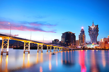 Image showing Macau cityscape of bridge and skyscraper Macao, Asia. 