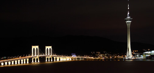 Image showing Cityscape in night with famous travel tower near river in Macao,